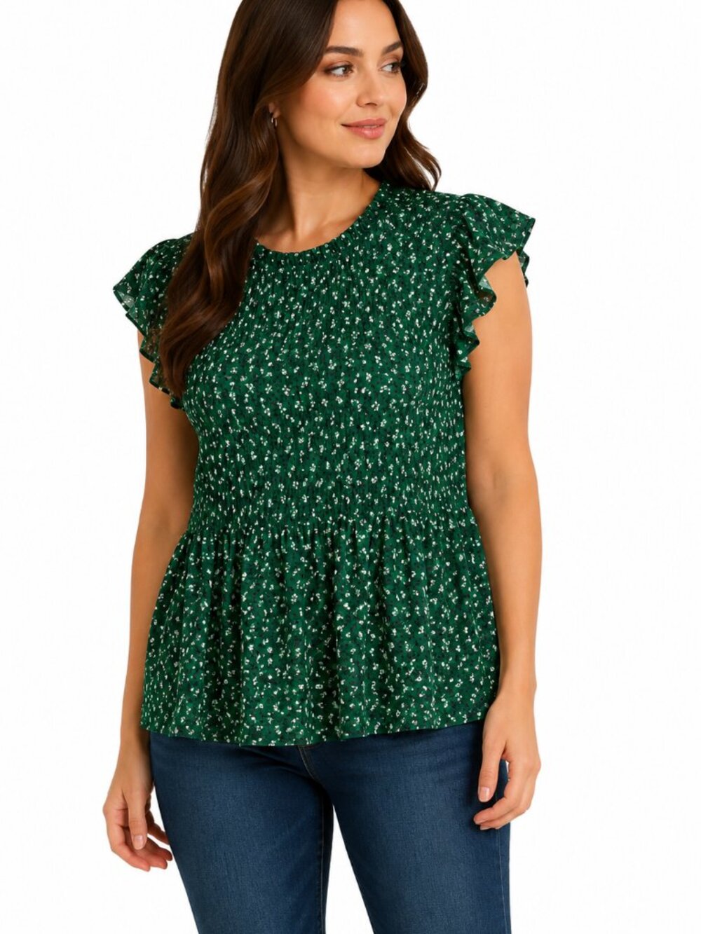 Shein Women Size 2XL Green Ruffle Sleeve Peplum Top Floral Print